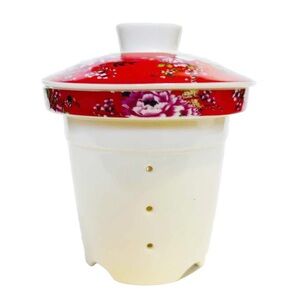 Ceramic Tea Infuser Steeper with Lid Red Floral Design Flowers Bag Loose Leaf